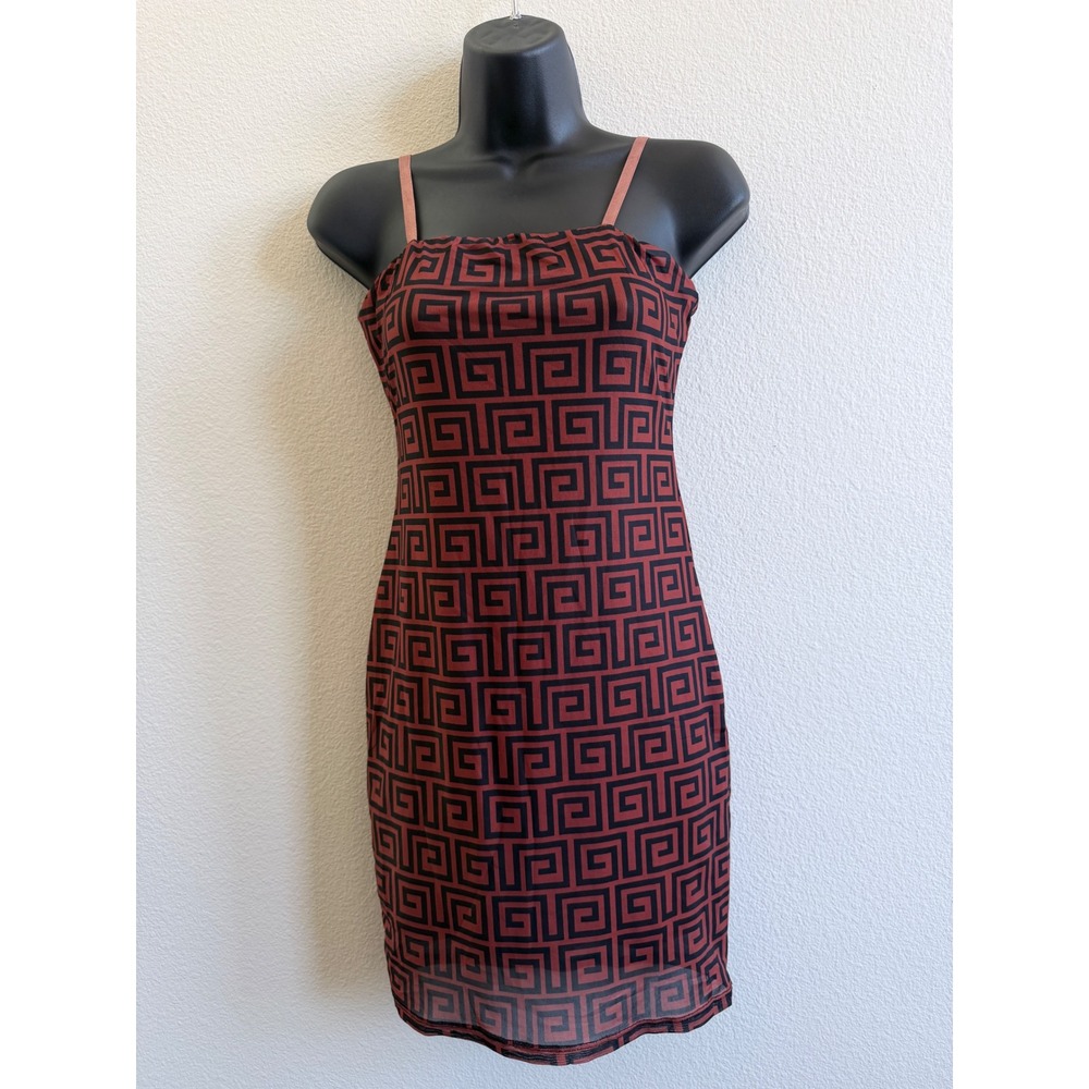Love Highlight Rust Red Black Greek Key Mesh Bodycon Mini Dress Womens Size M